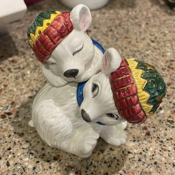Vintage Fitz & Floyd Snuggling Polar Bears Holiday Christmas Salt Pepper Set Box - Picture 3 of 7